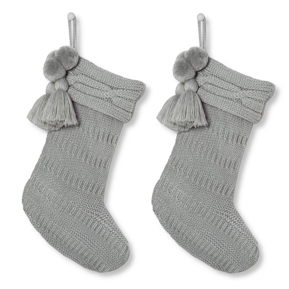 NEW! Lot of 2 Gray Cable Knit Christmas Stockings with Tassels -- Hearth & Hand - Picture 1 of 7